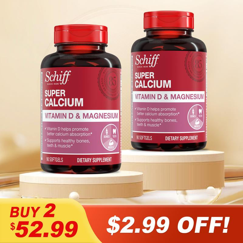 Schiff Super Calcium 800Mg plus Magnesium with Vitamin D3, 90 Softgels - Calcium Supplement Healthcare Dietary Fitness Edible