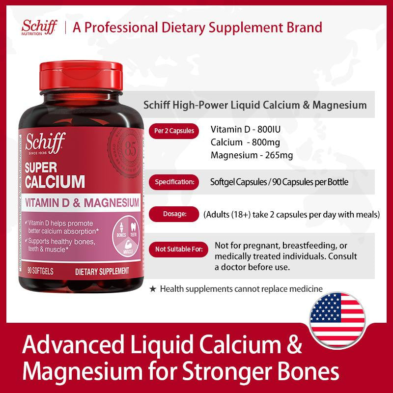 Schiff Super Calcium 800Mg plus Magnesium with Vitamin D3, 90 Softgels - Calcium Supplement Healthcare Dietary Fitness Edible