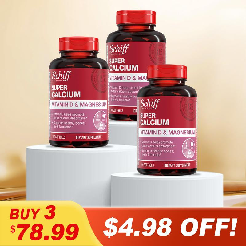 Schiff Super Calcium 800Mg plus Magnesium with Vitamin D3, 90 Softgels - Calcium Supplement Healthcare Dietary Fitness Edible