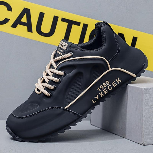 [Breathable Comfort] Men'S Retro Style Sneakers - All-Match Black Casual Sports Shoes with Beige Accents, Durable Rubber Sole, Breathable PU Upper, Lace-Up Design for Everyday & Training Running Closed