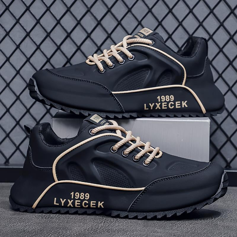 [Breathable Comfort] Men'S Retro Style Sneakers - All-Match Black Casual Sports Shoes with Beige Accents, Durable Rubber Sole, Breathable PU Upper, Lace-Up Design for Everyday & Training Running Closed