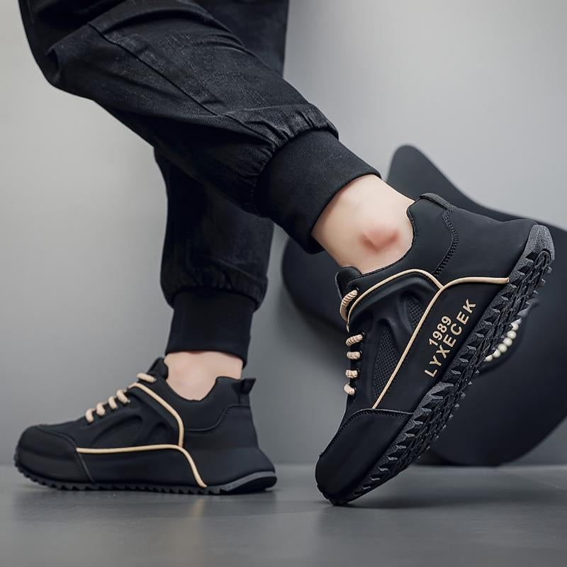 [Breathable Comfort] Men'S Retro Style Sneakers - All-Match Black Casual Sports Shoes with Beige Accents, Durable Rubber Sole, Breathable PU Upper, Lace-Up Design for Everyday & Training Running Closed