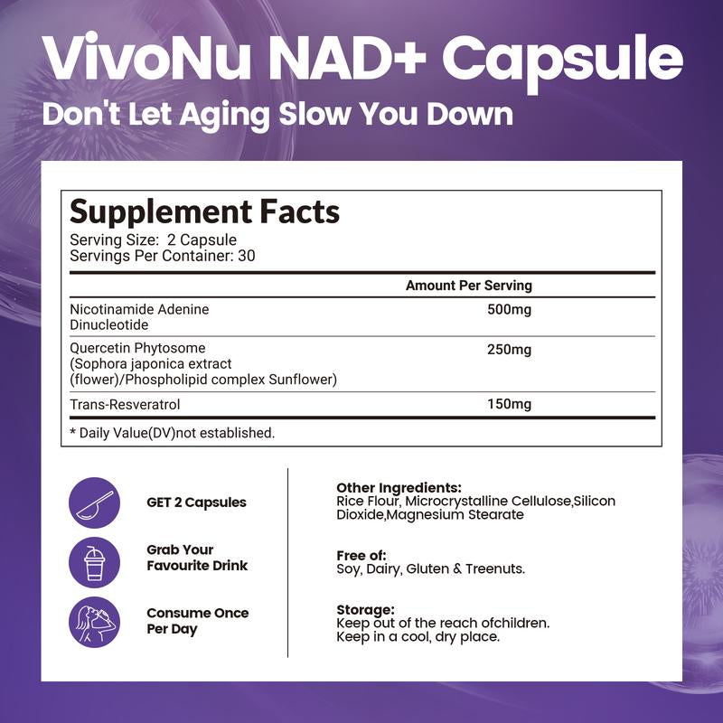 Vivonu NAD+ Supplement – 60 Capsules, Supports Cell Repair, Boosts Energy and Vitality, Promotes Healthy Glucose Metabolism, Supports Healthy
